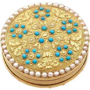 12ct Yellow Gold, Pearl & Turquoise Pill Box - Antique c.1815