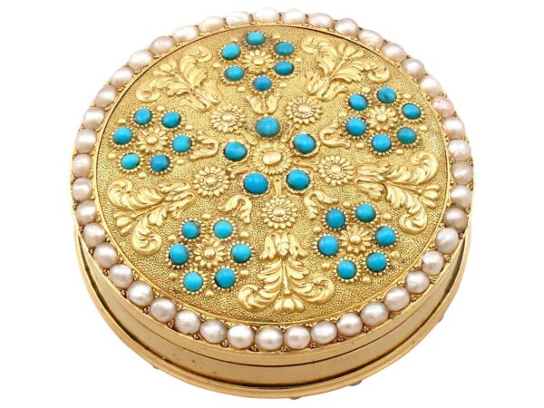 12ct Yellow Gold, Pearl & Turquoise Pill Box - Antique c.1815