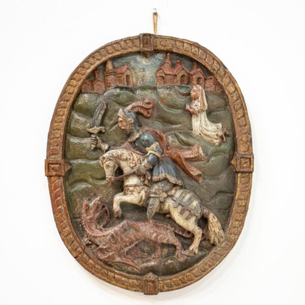 15th Century George & the Dragon Carved Oak Relief