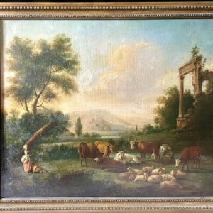 18th Century Italian School. Expansive Open Landscape with Cattle and Ruin and Lake Beyond; Oil on Canvas