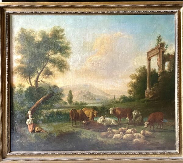 18th Century Italian School. Expansive Open Landscape with Cattle and Ruin and Lake Beyond; Oil on Canvas