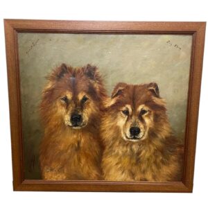 19th Century Oil Painting Chinese Chow Chow Dogs Ting & Ching