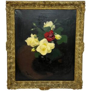 19th Century Oil Painting Flowers Yellow & Red Roses by James Stuart Park