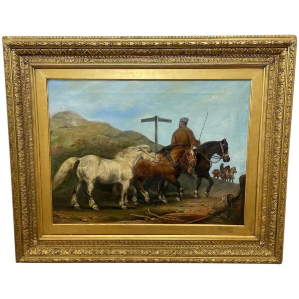 19th Century Oil Painting Horses On The Road To Chester By Edward Lloyd