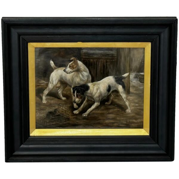 19th Century Oil Painting Jack Russell Terrier Dog Guarding Caged Rat by Edward Aistrop