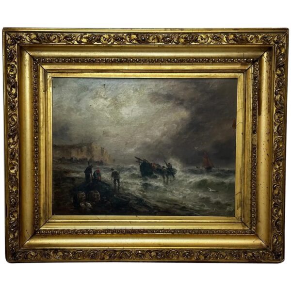 19th Century Oil Painting Marine Fishermen Unloading Catch Stormy Sea by Sarah Louisa Kilpack