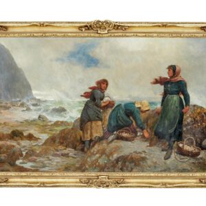 19th Century Oil Painting of Yorkshire Flither Pickers by Robert Farren