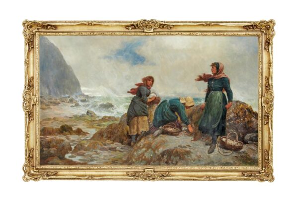 19th Century Oil Painting of Yorkshire Flither Pickers by Robert Farren