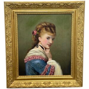 19th Century Oil Painting Portrait Ginger Hair Rose Young Lady with Blue Eyes