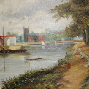 19th Century Oil Painting: Riverside Scene with Boats