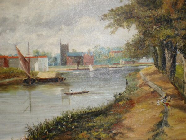 19th Century Oil Painting: Riverside Scene with Boats