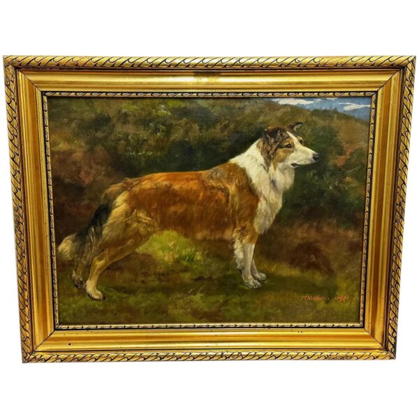 19th Century Oil Painting Rough Scottish Collie Dog By John Trivett Nettleship