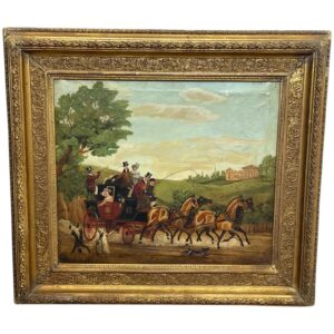 19th Century Oil Painting Royal Mail Carriage Coach With Horses After James Pollard