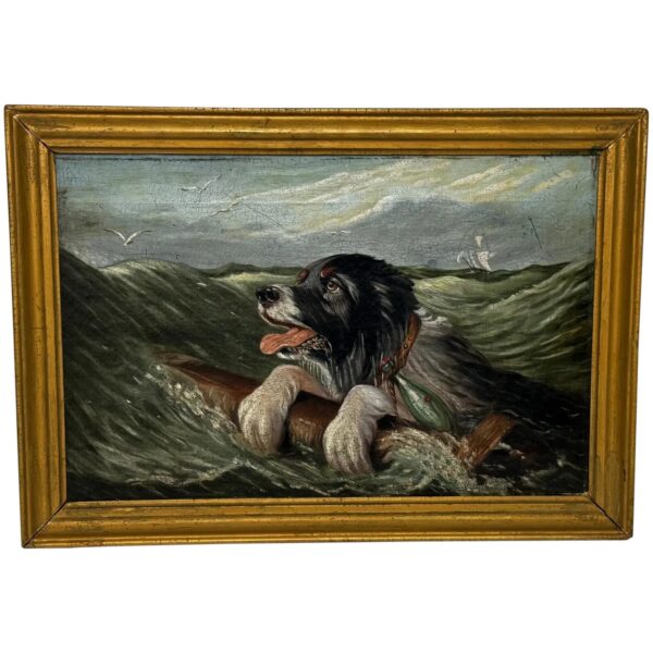 19th Century Oil Painting Saint Bernard Dog Shipwrecked Approaching New York