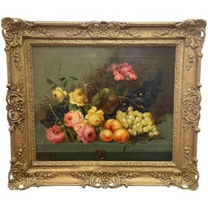 19th Century Oil Painting Still Life Roses Peaches & Grapes By Edwin Steele