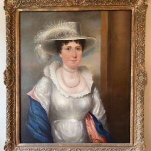 19th Century Oil Portrait Elegant Lady Wearing Ostrich Feathered Fedora Hat