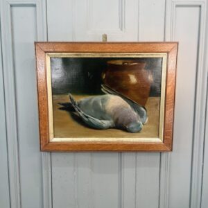 Antique French Still Life Oil Painting Study of Game Pigeon and Cooking Pot Signed JE Blanche