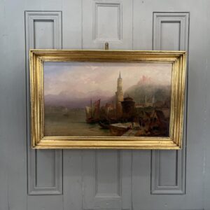 Antique Landscape Oil Painting Study of Boats & Town on Italian Lake Signed H Henshaw