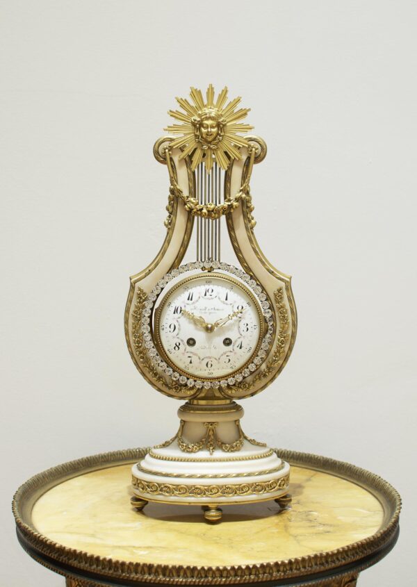 French Marble & Ormolu Mount Lyre Mantel Clock