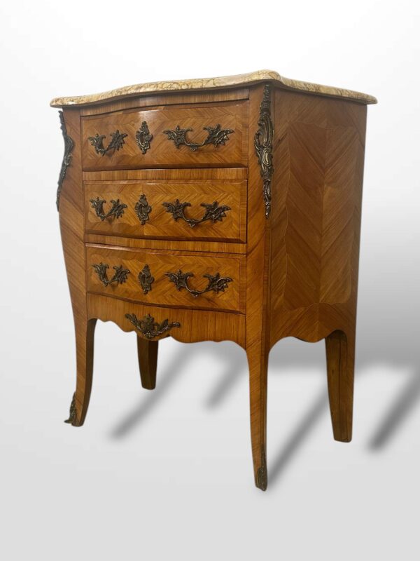 French Marquetry Petite Chest Drawers With Marble Top