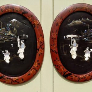 Pair of Japanese Oval Lacquer & Mother of Pearl Inlaid Pictures