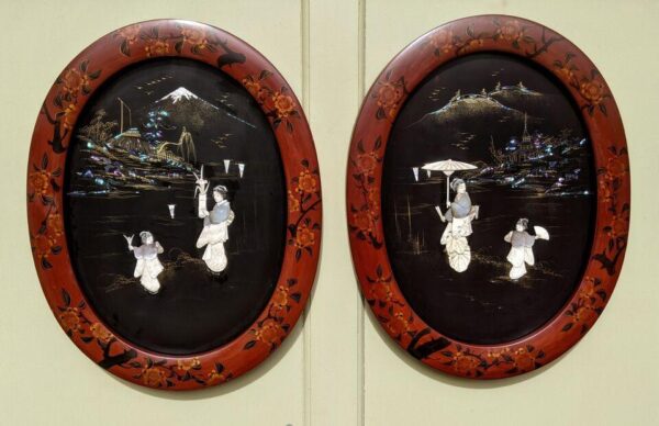 Pair of Japanese Oval Lacquer & Mother of Pearl Inlaid Pictures