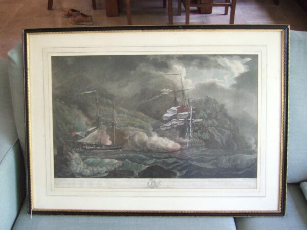 R. Pollard After N Pocock: Late 18th Century Aquatint of The Mermaid Run Aground in Chase of the French Corvette Brutus