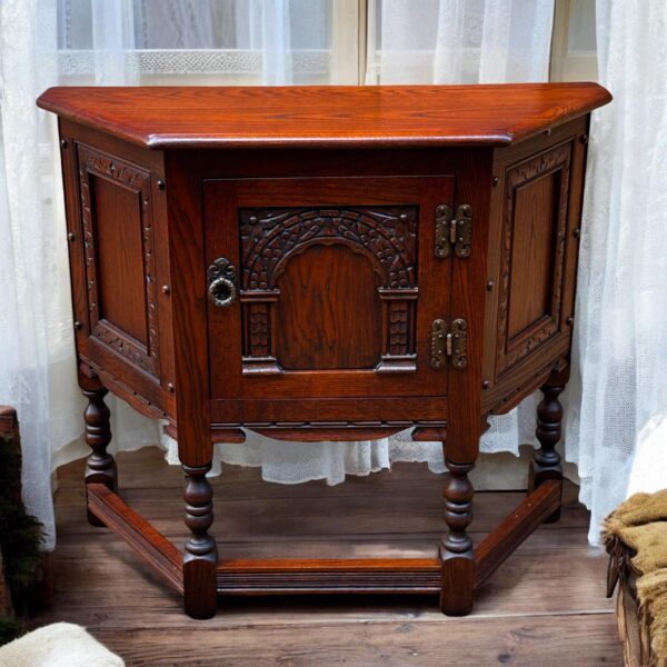 Vintage Old Charm Wood Brothers / Side Cabinet / Tudor Brown / Carved Oak c.1960