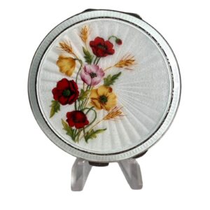 Vintage Sterling Silver Guilloche Enamel Poppies Powder Compact Birmingham 1956