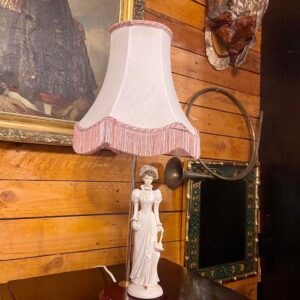 Vintage Very Stylish Table Lamp with Ceramic Ladies Figure, Fabric Shade & Wooden Base - England 1950s