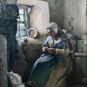 Watercolour by David James Vallance ‘knitting by The Window’