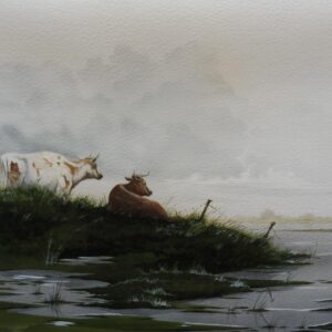 Watercolour Cattle by the Lochside at Dusk Artist Martin Tanner