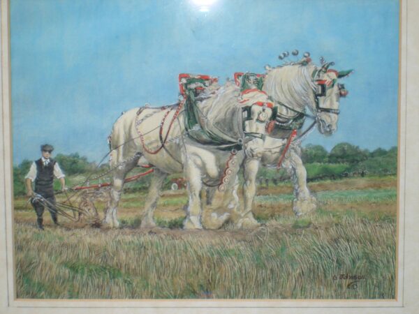 Watercolour: Farmer Ploughing With 2 Shire Horses