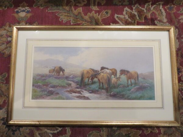 Watercolour Scene Dartmoor Ponies by Tom Rowden