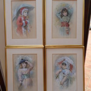 Watercolour Set of Four Victorian Portraits of Young Girls Artist H Saunders