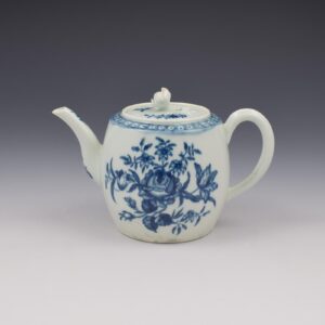 Worcester Porcelain Miniature Blue & White Barrel Teapot Rose Centred Spray c.1770