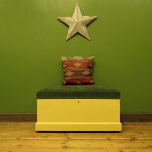 Yellow Blanket Box with Upholstered Lid in Green Fabric