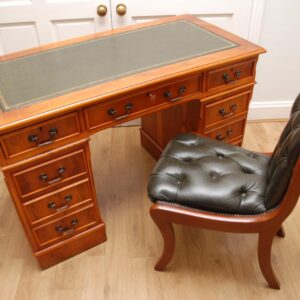 Yew Twin Pedestal Green Leather Top Writing Desk & Desk Chair